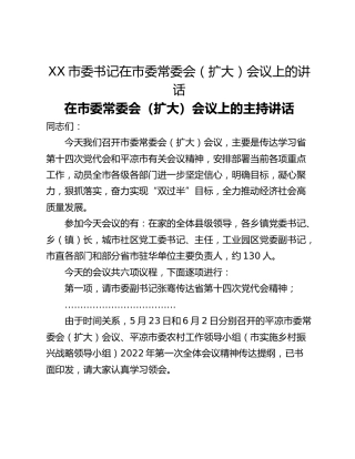 XX市委书记在市委常委会（扩大）会议上的讲话