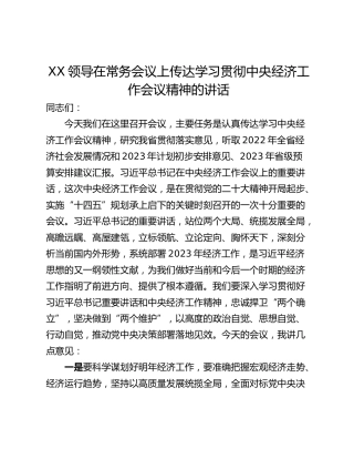 XX领导在常务会议上传达学习贯彻中央经济工作会议精神的讲话