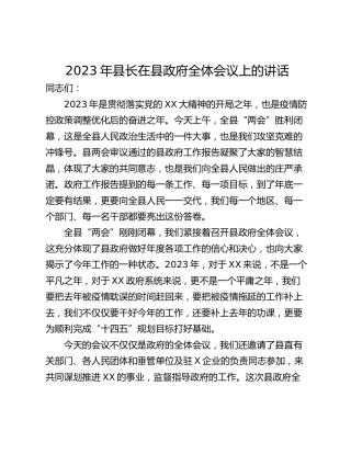 2023年县长在县政府全体会议上的讲话