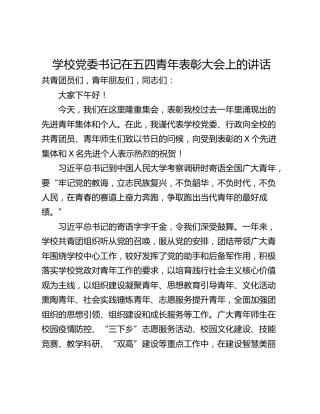 学校党委书记在五四青年表彰大会上的讲话