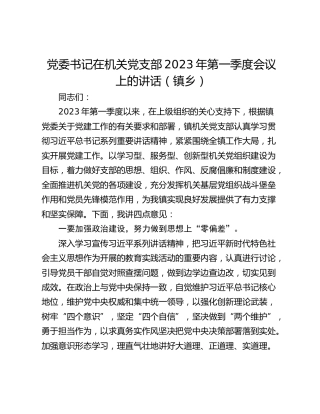 党委书记在机关党支部2023年第一季度会议上的讲话（镇乡）
