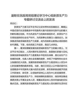 副职在民政局党组理论学习中心组新质生产力专题研讨交流会上的发言