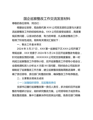 国企巡察整改工作交流发言材料