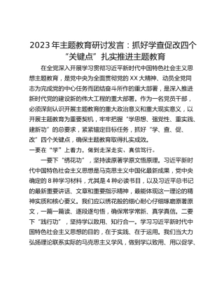 2023年主题教育研讨发言：抓好学查促改四个“关键点”扎实推进主题教育