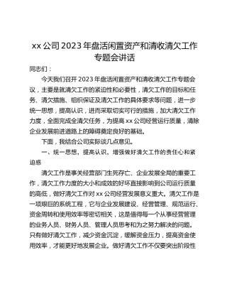 xx公司2023年盘活闲置资产和清收清欠工作专题会讲话