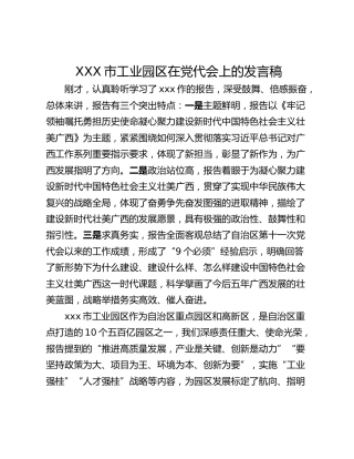 XXX市工业园区在党代会上的发言稿