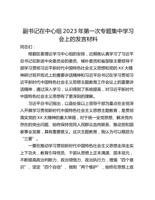 副书记在中心组2023年第一次专题集中学习会上的发言材料