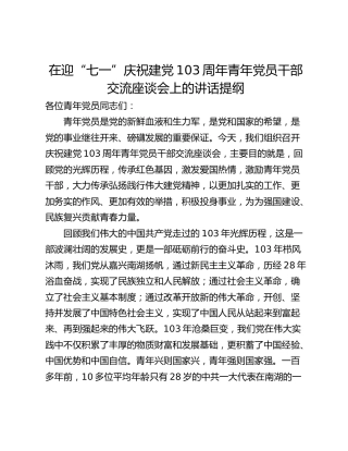 在迎“七一”庆祝建党103周年青年党员干部交流座谈会上的讲话提纲_1