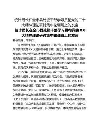 统计局长在全市县处级干部学习贯彻党的二十大精神理论研讨集中轮训班上的发言