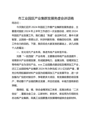 市工业园区产业集群发展务虚会讲话稿
