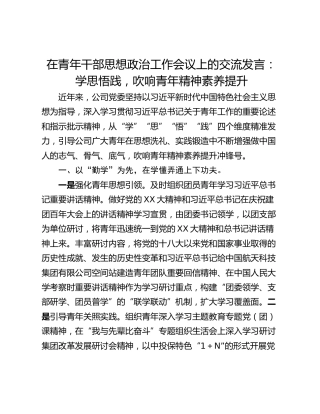在青年干部思想政治工作会议上的交流发言：学思悟践，吹响青年精神素养提升