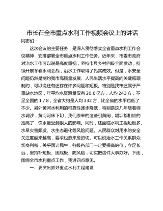 市长在全市重点水利工作视频会议上的讲话