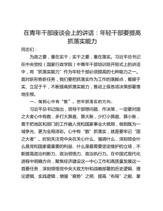 在青年干部座谈会上的讲话：年轻干部要提高抓落实能力
