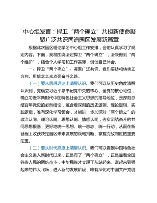 中心组发言：捍卫“两个确立”共担新使命凝聚广泛共识同谱园区发展新篇章