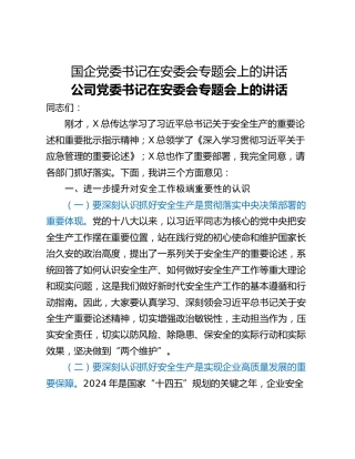 国企党委书记在安委会专题会上的讲话