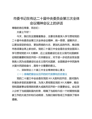 市委书记在传达二十届中央委员会第三次全体会议精神会议上的讲话