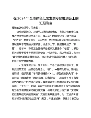 在2024年全市绿色低碳发展专题推进会上的汇报发言