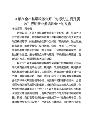 X镇在全市基层政务公开“对标先进 提升质效”行动暨业务培训会上的发言