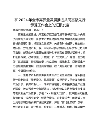 在2024年全市高质量发展推进共同富裕先行示范工作会上的汇报发言