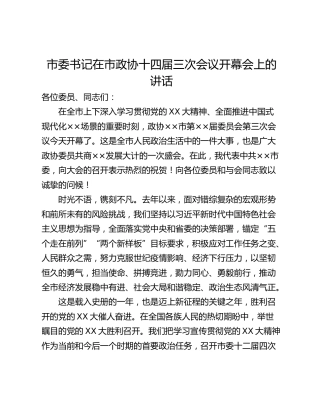 市委书记在市政协十四届三次会议开幕会上的讲话