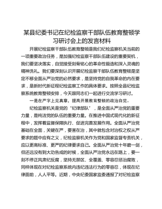 某县纪委书记在纪检监察干部队伍教育整顿学习研讨会上的发言材料