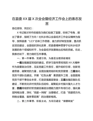 在县委XX届X次全会暨经济工作会上的表态发言