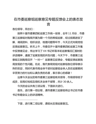 在市委巡察组巡察意见专题反馈会上的表态发言