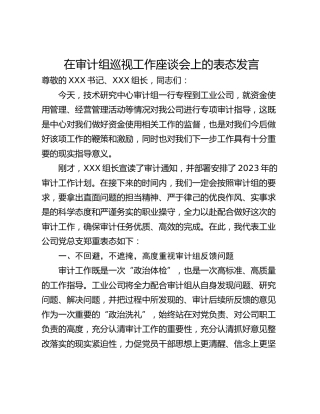 在审计组巡视工作座谈会上的表态发言