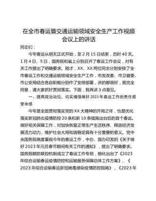 在全市春运暨交通运输领域安全生产工作视频会议上的讲话