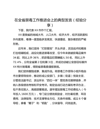 在全省禁毒工作推进会上的典型发言（经验分享）
