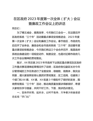 在区政府2023年度第一次全体（扩大）会议暨廉政工作会议上的讲话