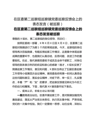 在区委第二巡察组巡察镇党委巡察反馈会上的表态发言（被巡察）