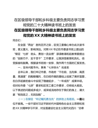 在区级领导干部和乡科级主要负责同志学习贯彻党的二十大精神读书班上的发言