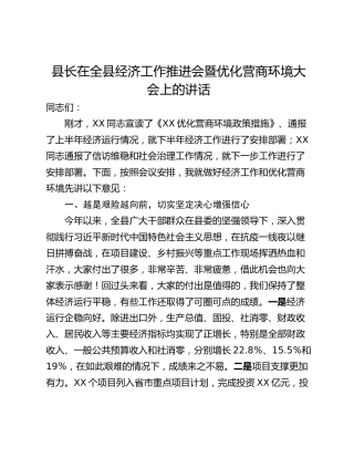 县长在全县经济工作推进会暨优化营商环境大会上的讲话