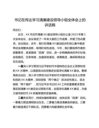 书记在传达学习清廉建设领导小组全体会上的讲话稿