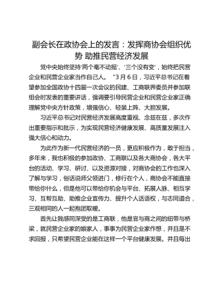 副会长在政协会上的发言：发挥商协会组织优势 助推民营经济发展