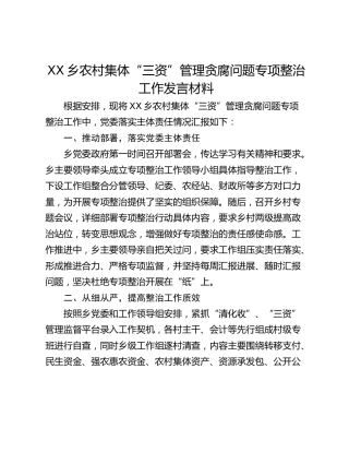 XX乡农村集体“三资”管理贪腐问题专项整治工作发言材料
