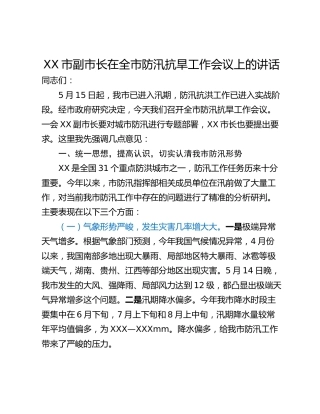 XX市副市长在全市防汛抗旱工作会议上的讲话