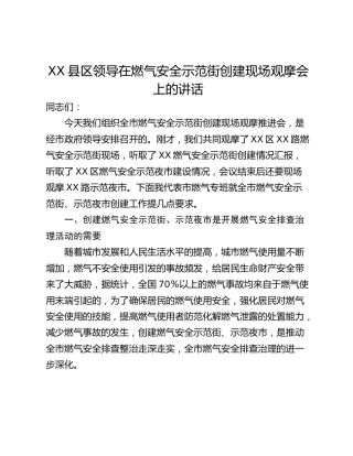XX县区领导在燃气安全示范街创建现场观摩会上的讲话