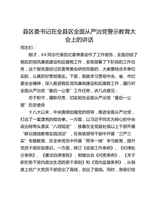 县区委书记在全县区全面从严治党警示教育大会上的讲话