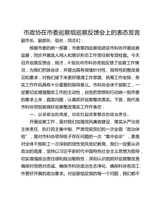 市政协在市委巡察组巡察反馈会上的表态发言