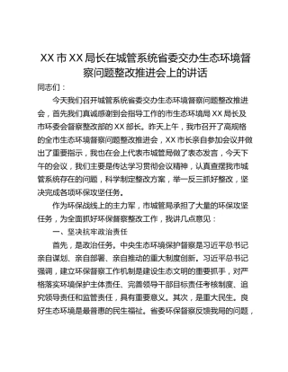 XX市XX局长在城管系统省委交办生态环境督察问题整改推进会上的讲话
