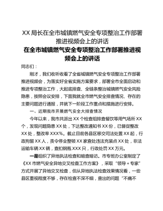 XX局长在全市城镇燃气安全专项整治工作部署推进视频会上的讲话