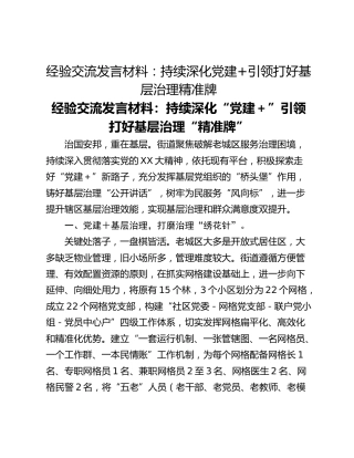 经验交流发言材料：持续深化党建引领打好基层治理精准牌