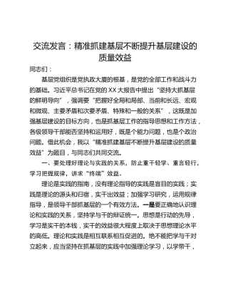 交流发言：精准抓建基层不断提升基层建设的质量效益