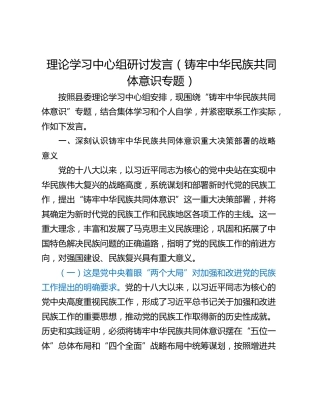 理论学习中心组研讨发言（铸牢中华民族共同体意识专题）