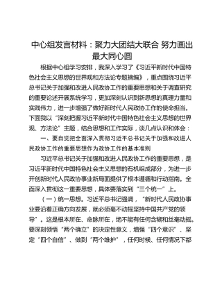中心组发言材料：聚力大团结大联合 努力画出最大同心圆
