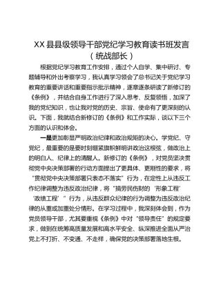 XX县县级领导干部党纪学习教育读书班发言（统战部长）