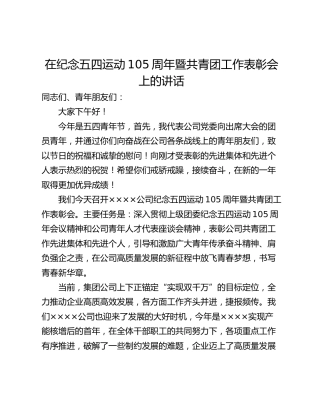 在纪念五四运动105周年暨共青团工作表彰会上的讲话