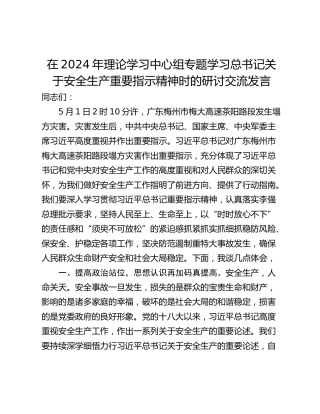 在2024年理论学习中心组专题学习总书记关于安全生产重要指示精神时的研讨交流发言